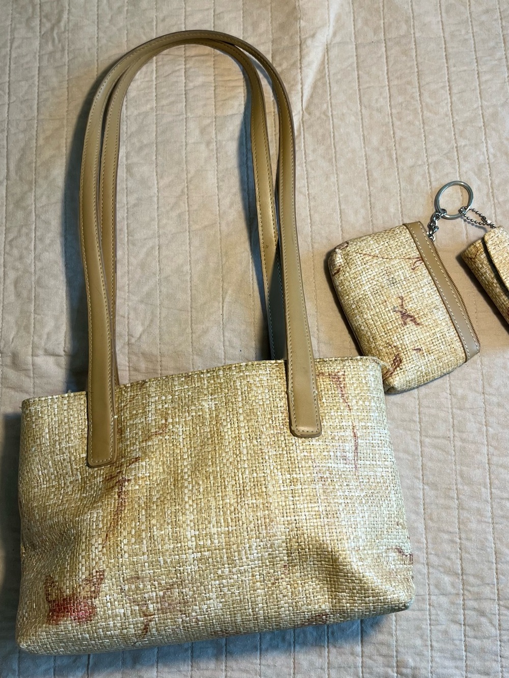 Vintage Worthington Butterfly Woven Straw Tote Purse 3 Pc Set Wallet Coin Case